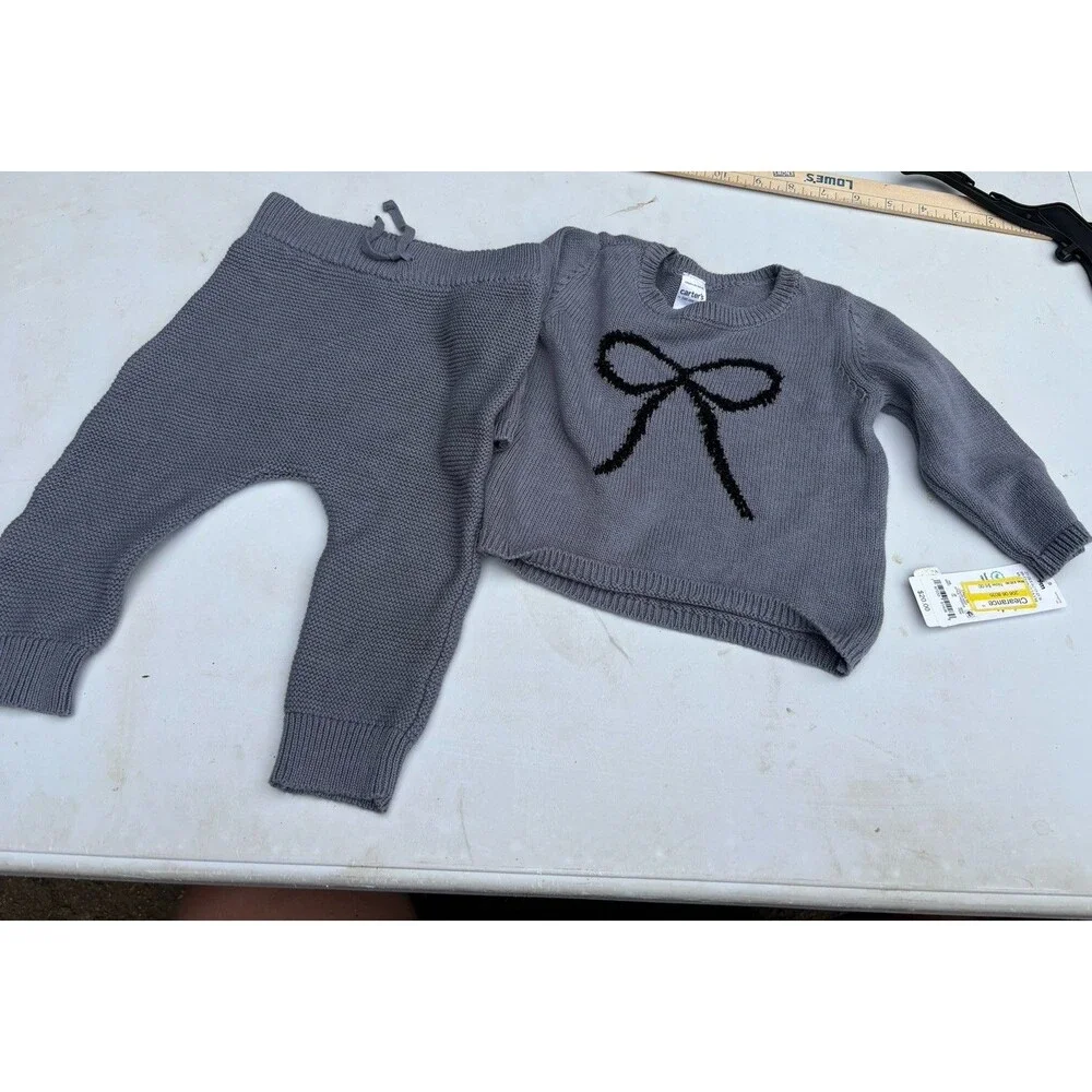 Carter's Just One You Baby Girls 100% Cotton Gray 2pc Bow Sweater Set - 3 Months
